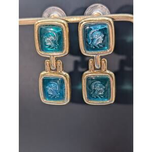 Vintage Monet Gold Tone Warrior Green Intaglio Etched Drop Pierced Earrings Rare